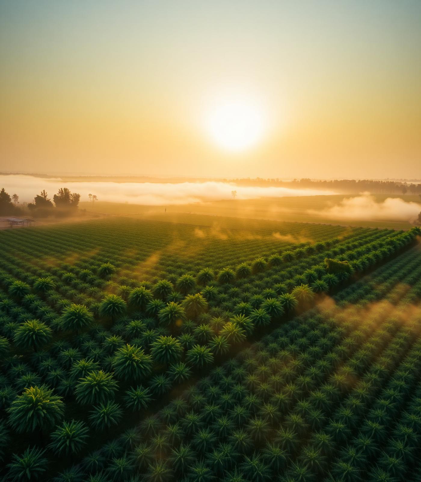 Aerial view of Pureveda Farms at sunrise